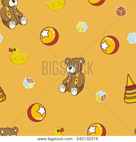 Colorful Toys Pattern With Teddy Bears, Balls, Ring Stakers, Toy Blocks And Rubber Duck.