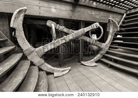 Genoa, Italy - May 14, 2017: Two Old Anchors In The Interior Of The Galleon Neptun Old Wooden Ship I