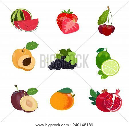 Set Of Fruits. Lemon Pear Apple Peach Kiwi Melon Orange Pineapple And Banana.
