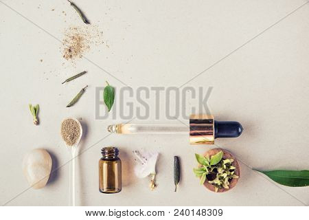 The Minimal Style. Natural Cosmetics, Handmade Skin And Body Care. Glass Bottle And Vegetable Ingred