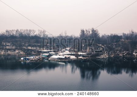 Panorama Of The Little Workers Industrial Houses On The Lake In The Quarry