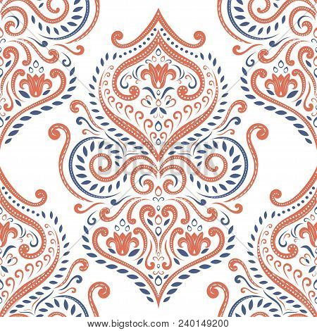 Beautiful Blue And Prange Floral Seamless Pattern. Vintage, Paisley Elements. Traditional, Ethnic, T