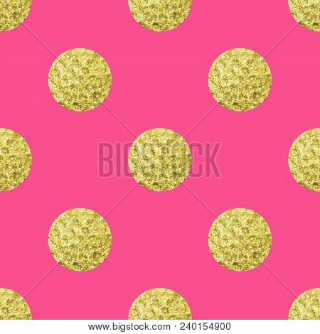 Gold Polka Dot Seamless Pattern On Bright Pink Backdrop. Geometrical Background With Hand Drawn Gold