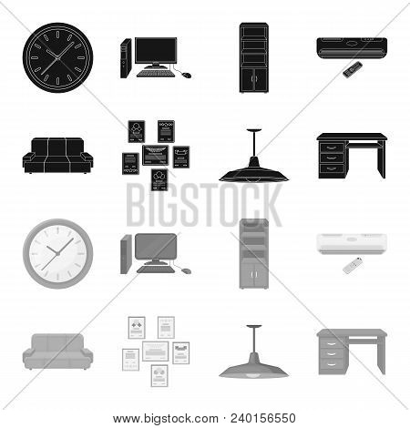 Comfortable Sofa, Letters And Diplomas Within The Framework, An Office Ceiling Lamp, A Desk With Dra