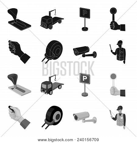 Car Alarm, Wheel Rim, Security Camera, Parking Assistant. Parking Zone Set Collection Icons In Black
