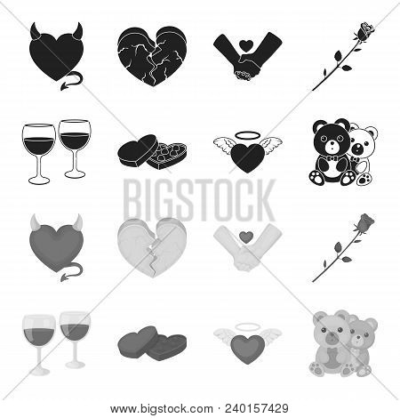 Glasses With Wine, Chocolate Hearts, Bears, Valentine.romantik Set Collection Icons In Black, Monoch