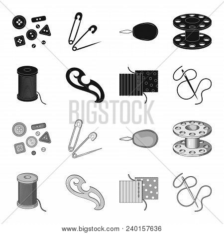 A Spool With Threads, A Needle, A Curl, A Seam On The Fabric.sewing Or Tailoring Tools Set Collectio