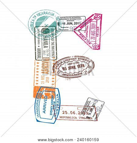 Letter E Made Of International Passport Stamps On A White Background. Isolated.