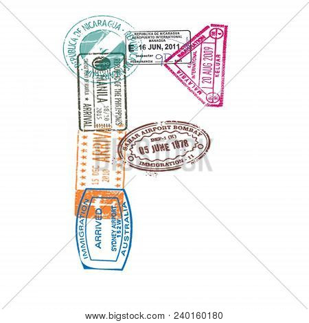 Letter F Made Of International Passport Stamps On A White Background. Isolated.