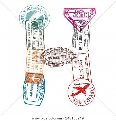 Letter H Made Of International Passport Stamps On A White Background. Isolated.