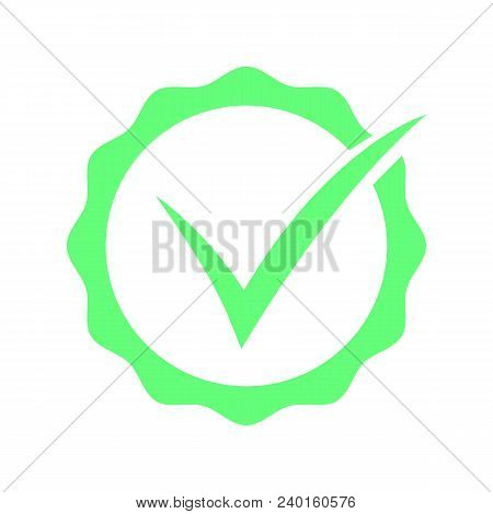 Flat Round Check Mark Green Icon, Button. Tick Symbol Isolated On White Background.