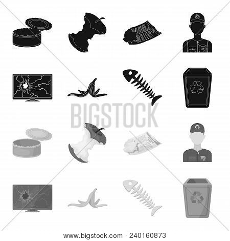 Broken Tv Monitor, Banana Peel, Fish Skeleton, Garbage Bin. Garbage And Trash Set Collection Icons I