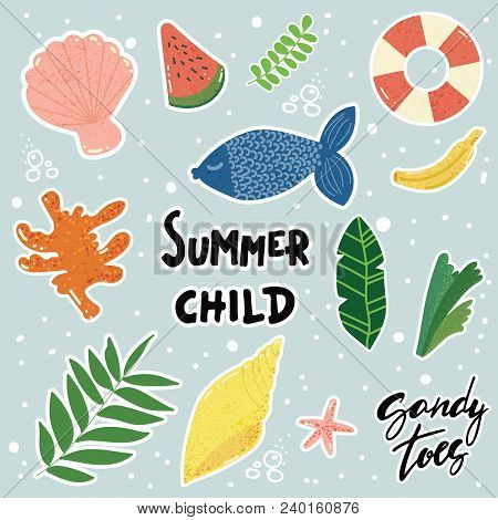 Vector Cartoon Style Summer Stickers - Drawings And Lettering. Concept Of Summer Vacation And Holida
