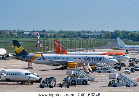 Berlin Germany - April 21. 2018: Condor And Easyjet Airplanes At Berlin Tegel Airport