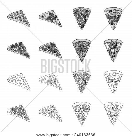 A Slice Of Pizza With Different Ingredients. Different Pizza Set Collection Icons In Outline, Monoch
