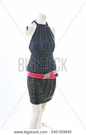 Black Mini Dress On Headless Mannequin Cloth Display Dressmaker Doll Figurine. Fashion Designer Clot