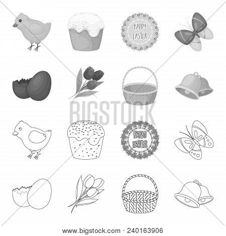 Chocolate Egg, Bells, Basket And Flowers.easter Set Collection Icons In Outline, Monochrome Style Ve