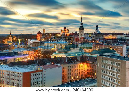 Aerial View Of The Old Town And Toompea Hill At Dawn. Tallinn. Estonia.
