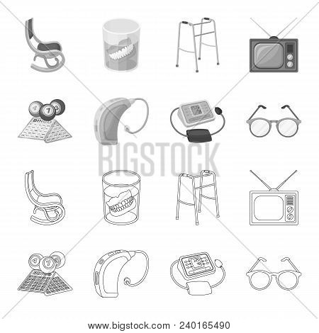 Lottery, Hearing Aid, Tonometer, Glasses.old Age Set Collection Icons In Outline, Monochrome Style V