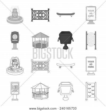 Telephone Automatic, Gazebo, Garbage Can, Wall For Children. Park Set Collection Icons In Outline, M