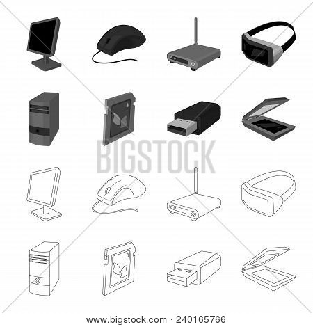 A System Unit, A Flash Drive, A Scanner And A Sd Card. Personal Computer Set Collection Icons In Out