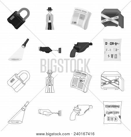 The Detective Flashlight Illuminates The Footprint, The Criminal Hand With The Master Key, A Pistol 