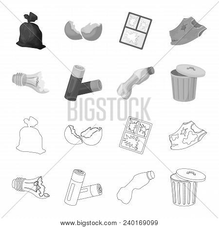 Broken Light Bulb, Used Batteries, Breaking A Plastic Bottle, Garbage Can With A Sign.garbage And Tr