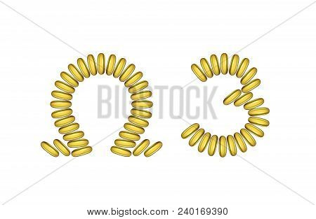 Cosmetic Capsule Of Omega 3 Oil. Golden Antibiotic Gel Pill Icon Template. Vector Realistic Serum Dr