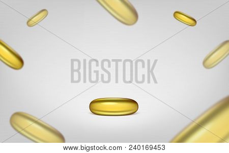 Cosmetic Capsule Of Omega 3 Oil Or Vitamin E, A. Golden Antibiotic Gel Pill Icon Template. Vector Re