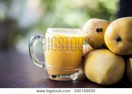 Popular Indian Asian Sweet Dessert Dish Eaten At The Time Of Lunch ‘aam Ras’ Juice Of Kesar Kair Wit