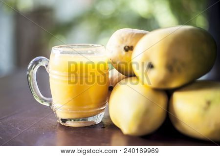 Popular Indian Asian Sweet Dessert Dish Eaten At The Time Of Lunch ‘aam Ras’ Juice Of Kesar Kair Wit