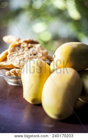 Popular Indian Asian Sweet Dessert Dish Eaten At The Time Of Lunch ‘aam Ras’ Juice Of Kesar Kair Wit