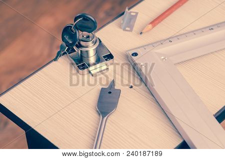Carpenter's Pencil, Square, Drill Feather And Mortise Lock
