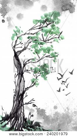 Watercolor And Ink Illustration Of Old Tree With Green Foliage, Birds And Watersplashes. Oriental Tr