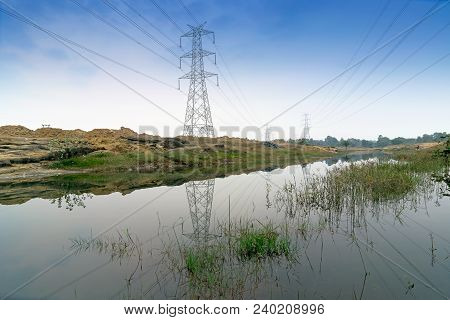 Electrical High Voltage Power Lines At Purulia, West Bengal, India. Electrical Power Is Distributed 
