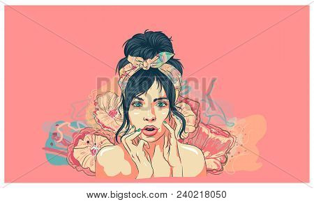 Beautiful Girl Looks At Herself And Touches Her Face