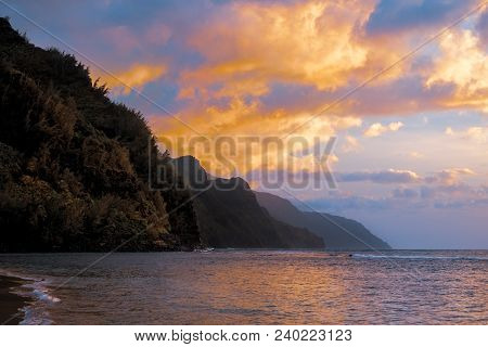 Colorful Sunset Landscape View Of Rugged Coastline On Kauai, Hawaii
