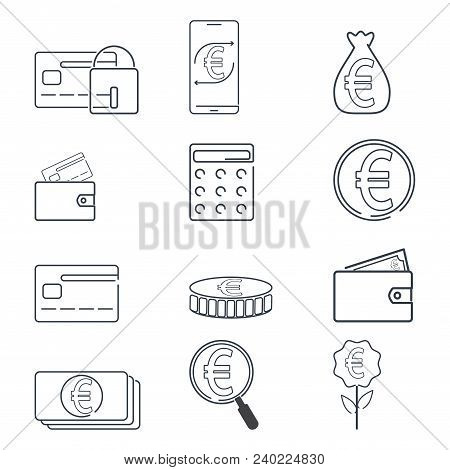 Set Of Finance And Eruo Currency Icon. Simple Line Illustration.