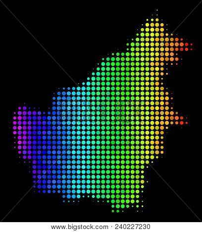 Dotted Borneo Island Map. Halftone Geographical Plan In Spectral Color Hues With Horizontal Gradient