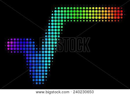 Dotted Colorful Halftone Sqrt Icon Using Spectrum Color Hues With Horizontal Gradient On A Black Bac