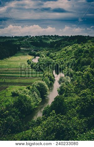 Dnister River Landscape In Ternopil Region Of Western Ukraine. Idillyc View From Above