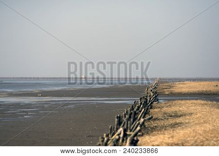 Low Tide In The Danish Part Of Wadden Sea National Park. Causeway To Mando Island In The Background.