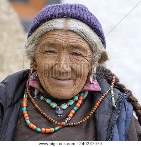 Lamayuru, India - June 13, 2015 : Unidentified Buddhist Old Woman During Buddhist Festival At Ladakh