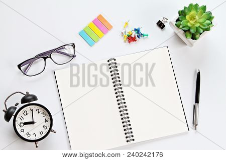 Still Life, Business, Office Supplies, Education Or Vintage Concept : Working Desk With Open Noteboo