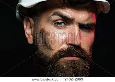 Portrait Of Mechanical Worker. Close Up Engineers Working. Portrait Of Handsome Engineer. Close Up M