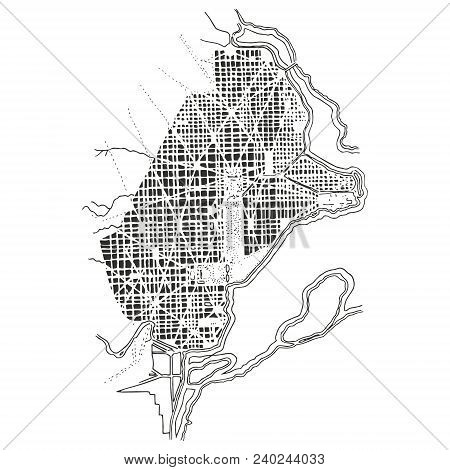 Urban Plan Of A City, Old Village. Doodle City Map. Vector City Drawing. Futuristic Megalopolis City