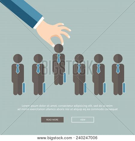 Choosing The Best Candidate For The Job Concept. Hand Picking Up A Businessman From The Row. Flat Ve