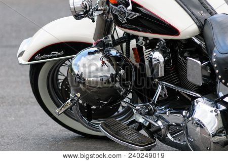 Southend, England - 17 April 2017: A Shiny Harley Davidson Motorcycle With Reflection In Polished He