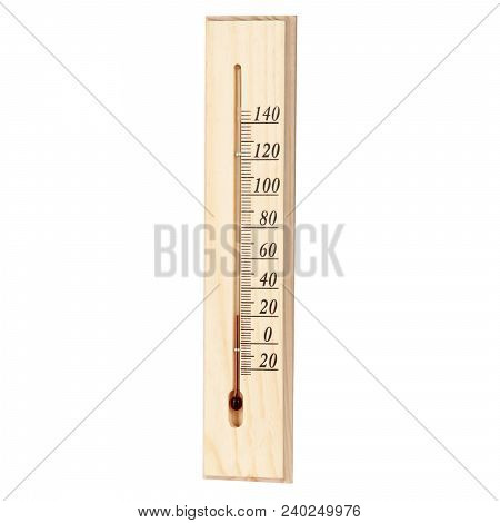 A Wooden Thermometer With A Good Texture, Burnt With Arabic Numerals And A Dark Red Alcohol Scale Is