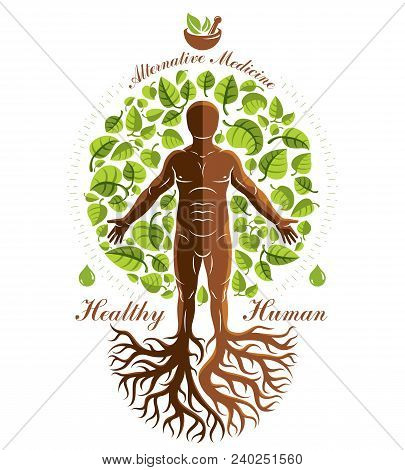 Vector Graphic Illustration Of Strong Male Depicted As Continuation Of Tree And Composed With Mortar